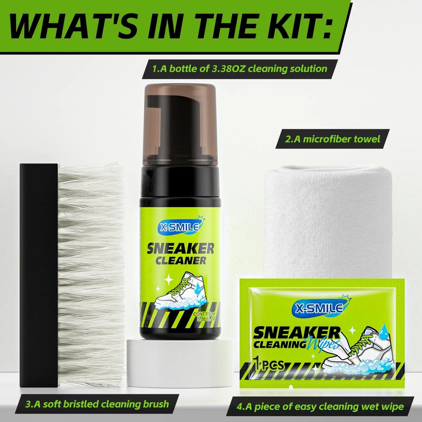 X-SMILE Shoe Care Kit (1 set): Shoe cleaning and care kit including dry cleaner, stain removal wipes, basketball shoe cleaner, and dedicated brushes