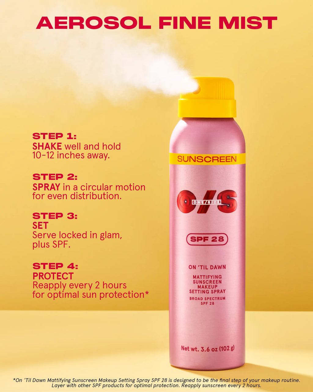 ONE/SIZE On ’Til Dawn Mattifying Sunscreen Makeup Setting Spray SPF 28 Travel Size 1.05 oz - Sets Makeup for 16hrs, Sweat Resistant, Water Resistant, Easy to Reapply