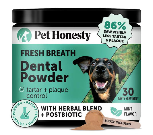 Pet Honesty Dental Powder, Breath Freshener and Teeth Cleaning Dental Care for Dogs, Plaque Tartar Remover with Postbiotic
