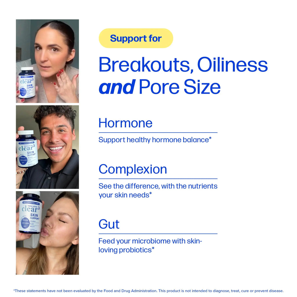 Clear Skin Acne Supplement with Zinc, DIM & Probiotics | 3-in-1 Balance, Clarify, Restore Support with Hyaluronic Acid & Skin Support Vitamins | For Women & Men | Oral Hormonal Acne Pills