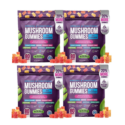 Organic Mushroom Gummies -Lions Mane Mushroom Supplement Gummies- Immune Defense, Boosts Cognitive Performance - 80 Gummies