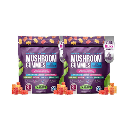 Organic Mushroom Gummies -Lions Mane Mushroom Supplement Gummies- Immune Defense, Boosts Cognitive Performance - 80 Gummies