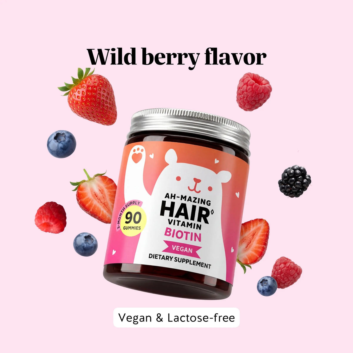 Bears with Benefits Biotin Gummies for Hair Growth, Skin & Nails –  5000 mcg Biotin + Vitamins C & E + Zinc - 30 Gummies - Vegan Wild Berry Flavor - 1 Month Supply