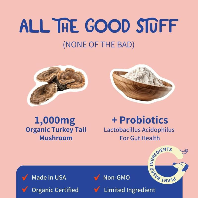 Fifth & Fido Turkey Tail+ - Dog Food Topper with Probiotics for Lipomas, Immune Support & Gut Health - 75 Servings - Bacon Flavor - Natural Allergy Relief - Supplements
