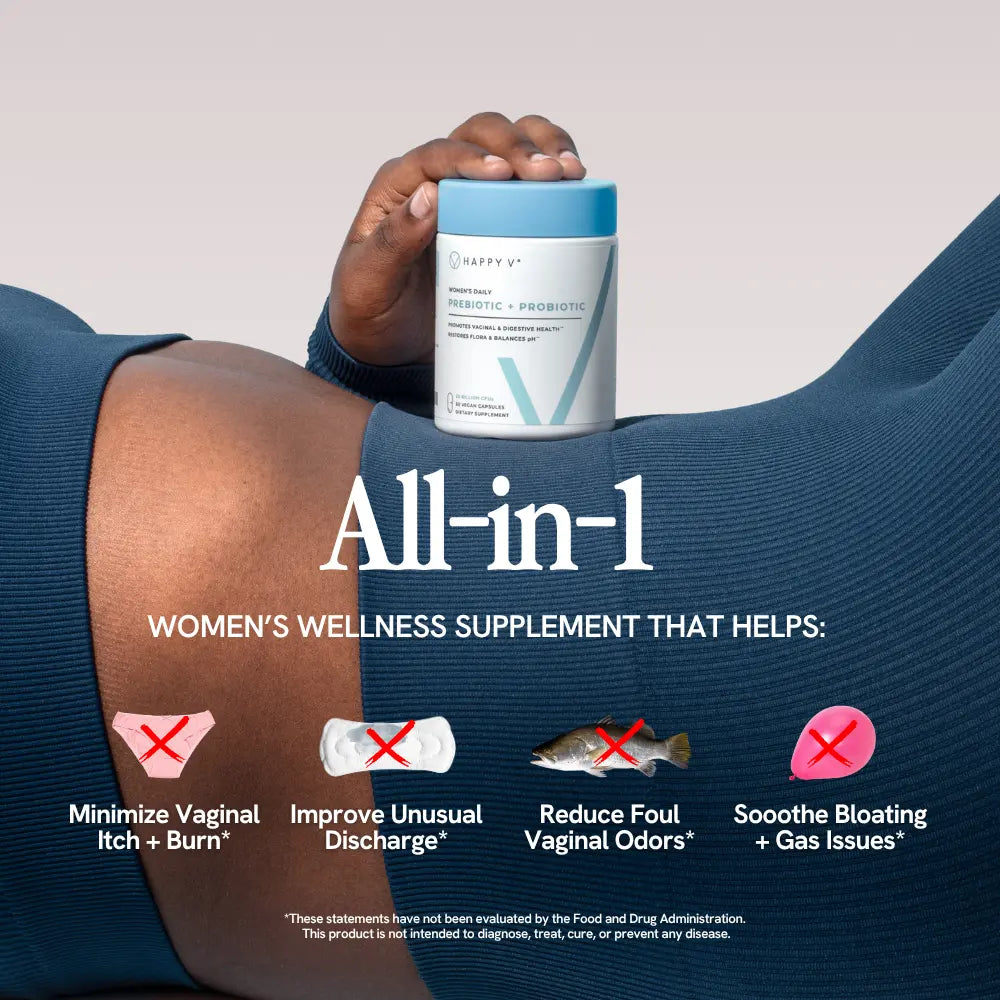 Happy V Vaginal Prebiotic + Probiotic for Women – Clinically Proven pH Balance & BV Treatment, Natural Yeast Infection Support, 60 Vegan Capsules Dietary Gut Health Supplement