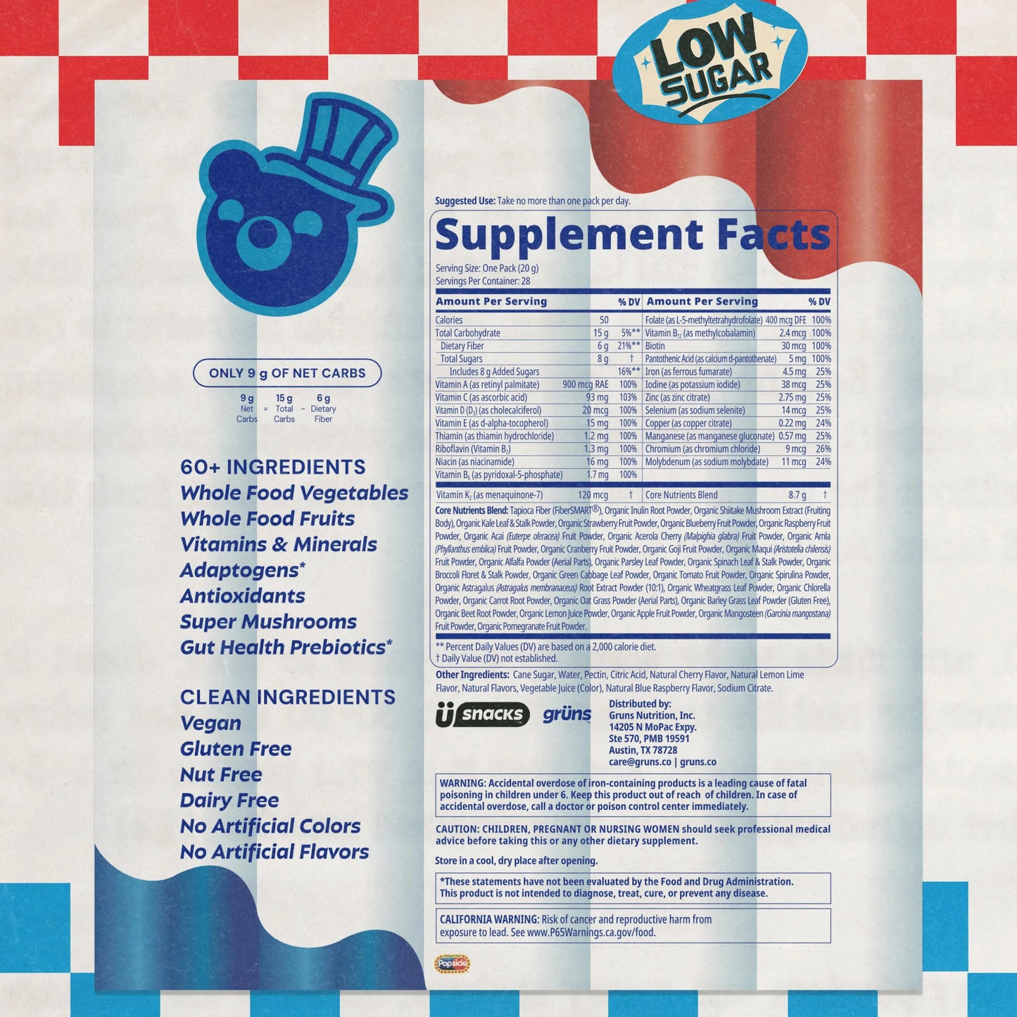 Popsicle Firecracker x Grüns "Al Dente" Superfood Greens Gummies: Comprehensive nutrition with 60+ ingredients: 21 Vitamins and Minerals, 6g Prebiotic Fiber, Adaptogens, Cherry Lemon Lime Blue Raspberry, Gluten Free, Vegan, Third Party Tested