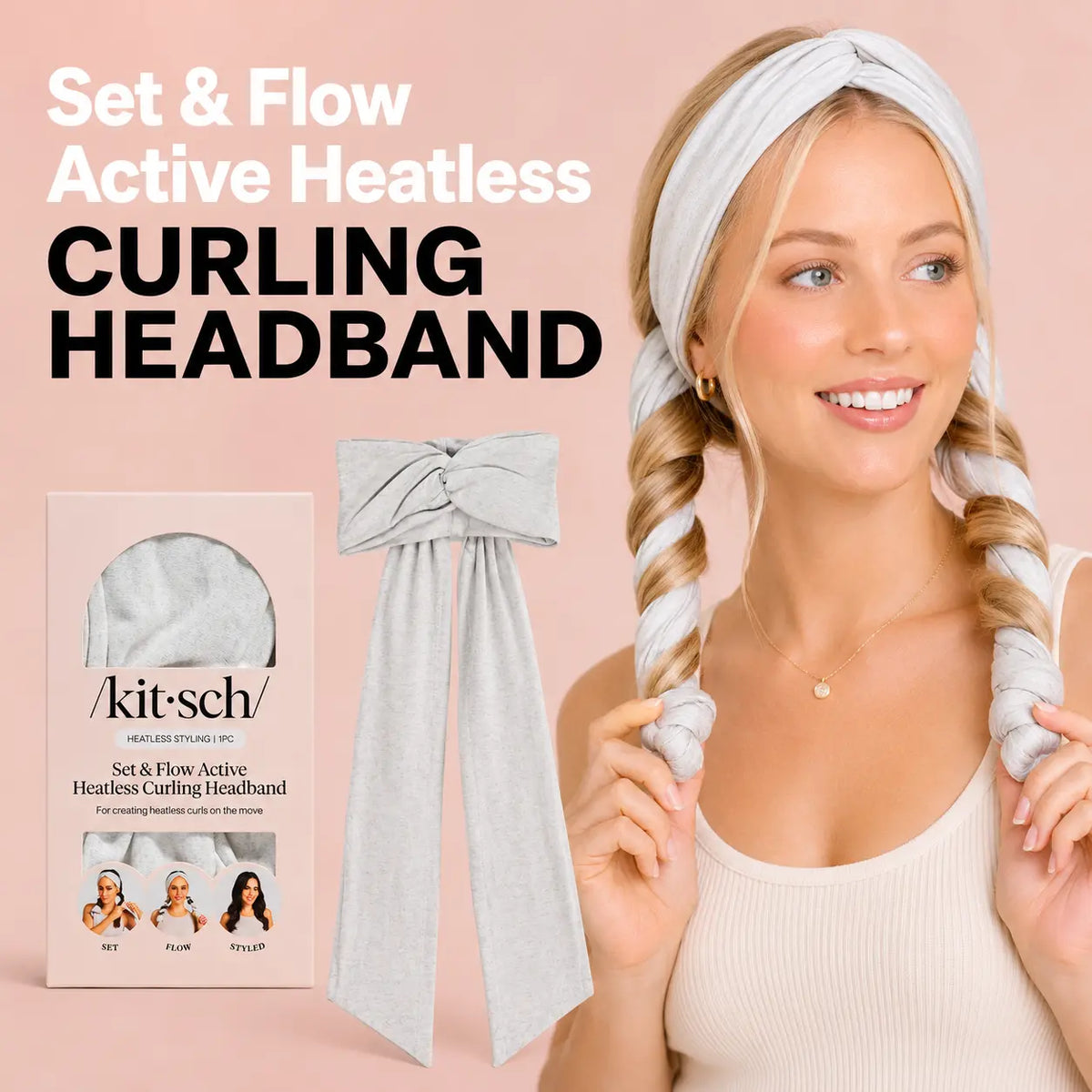Heather Gray Set & Flow Active Curling Headband – Kitsch Heatless Hair Curler for Soft Waves & Curls