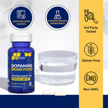 Dopamine Brain Food Supplement w/L-Tyrosine - Promotes Mental Drive, Clarity & Focus - Supports Mental Energy - 60 Capsules
