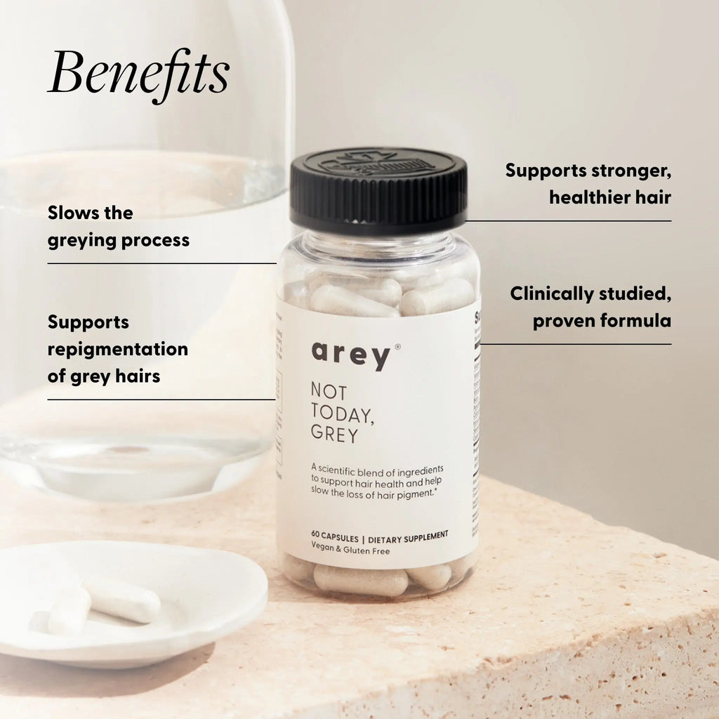 Arey Not Today Grey Daily Supplement with Vitamins Minerals & Antioxidants for Thicker Fuller Healthier Hair and Less Grey 60 Capsules Vegan Gluten Free Healthcare Edible