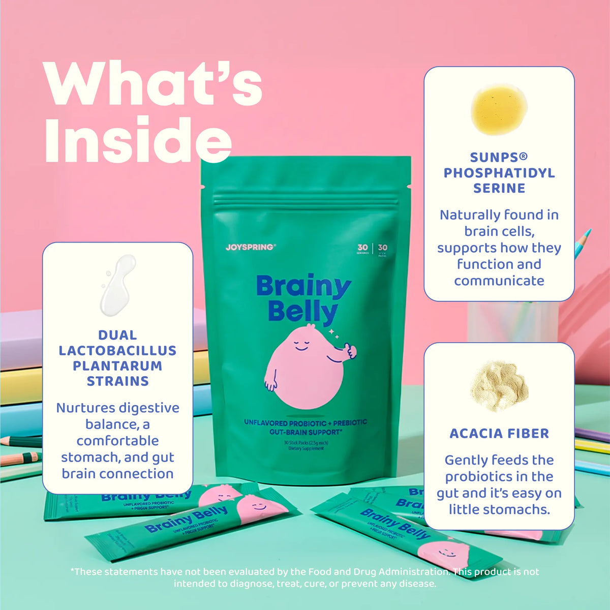 *NEW* JoySpring Brainy Belly Unflavored Kids Probiotic & Prebiotic Powder Sticks | Daily Gut & Digestive Support | Ages 4+