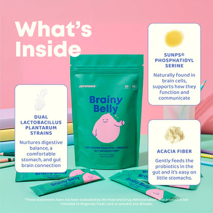*NEW* JoySpring Brainy Belly Unflavored Kids Probiotic & Prebiotic Powder Sticks | Daily Gut & Digestive Support | Ages 4+