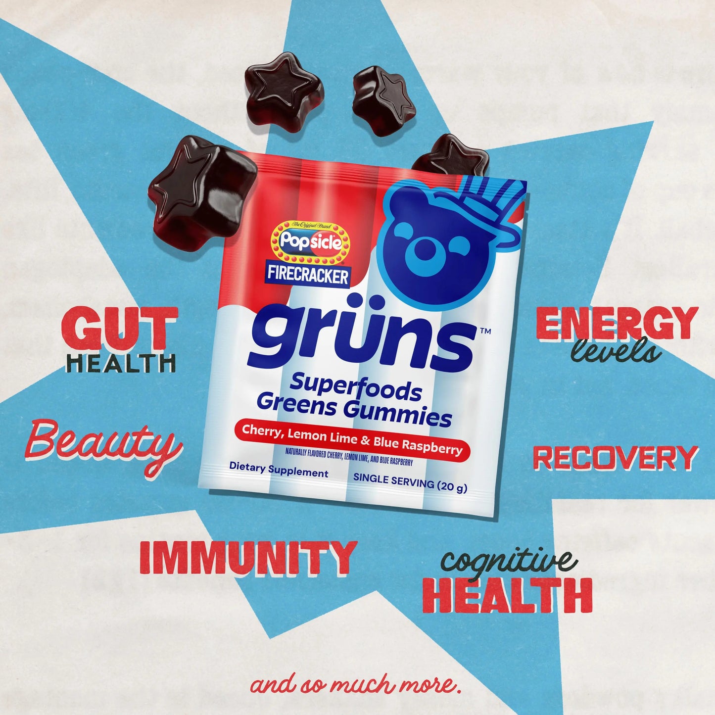 Popsicle Firecracker x Grüns "Al Dente" Superfood Greens Gummies: Comprehensive nutrition with 60+ ingredients: 21 Vitamins and Minerals, 6g Prebiotic Fiber, Adaptogens, Cherry Lemon Lime Blue Raspberry, Gluten Free, Vegan, Third Party Tested