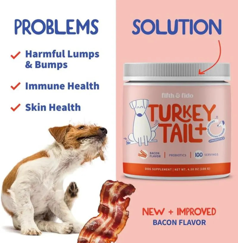Fifth & Fido Turkey Tail+ - Dog Food Topper with Probiotics for Lipomas, Immune Support & Gut Health - 75 Servings - Bacon Flavor - Natural Allergy Relief - Supplements