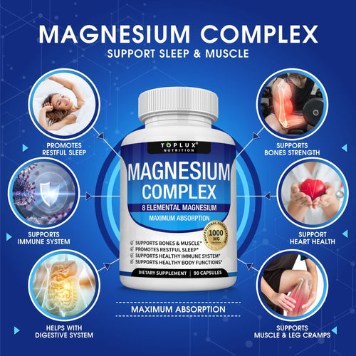 Toplux Magnesium Complex 8 Elemental Magnesium Supplement 1000mg Glycinate, Citrate, Malate, Taurate