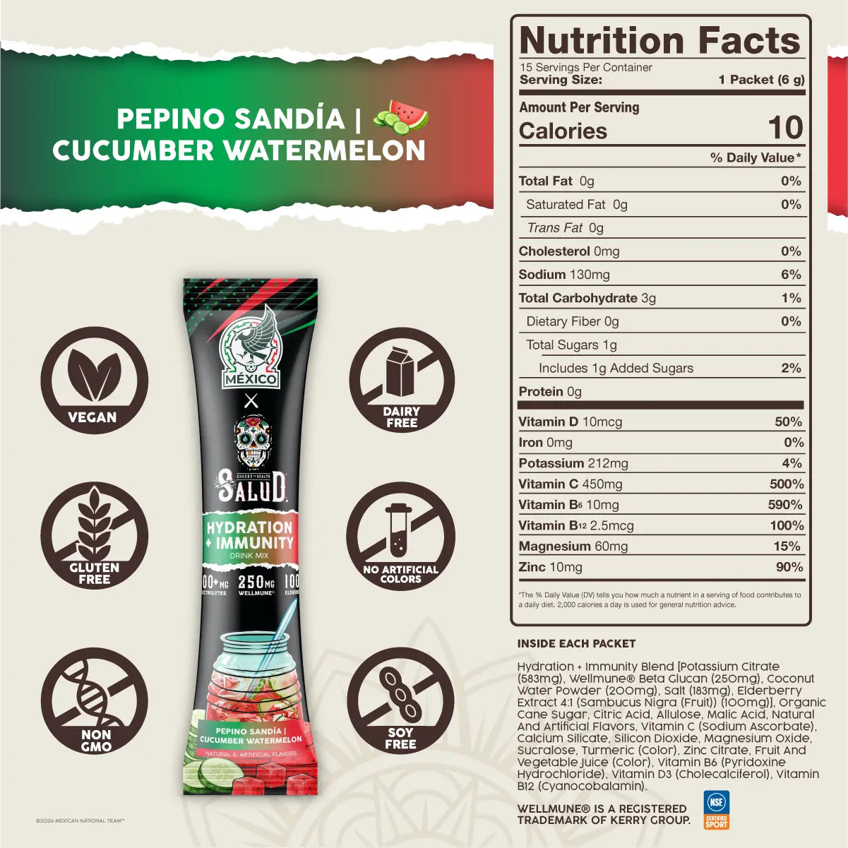 México x Salud 2-in-1 [Hydration + Immunity - Pepino Sandía | Cucumber Watermelon] Electrolytes Powder, Agua Fresca Drink Mix, Elderberry, Dairy & Soy Free, Non-GMO, Gluten Free, Vegan, Low Calorie, 1g Sugar (15 Servings)