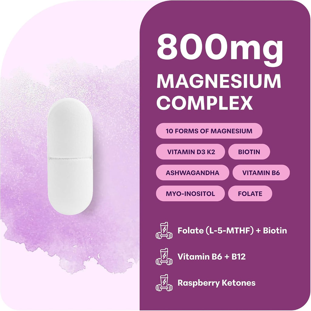 Magnesium Complex for Women, 240 Vegetarian Capsules | 20-in-1 Formula - Magnesium Blend with Vitamin D3, K2, Ashwagandha & More | Filler Free, Non-GMO