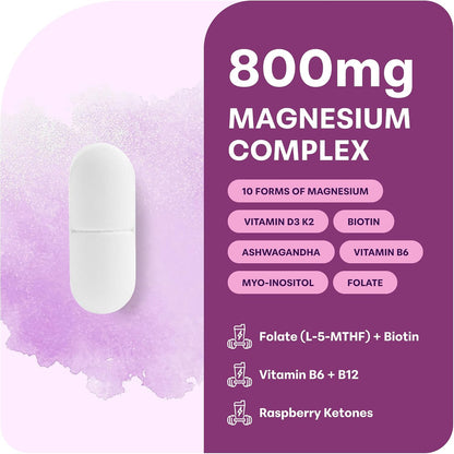 Magnesium Complex for Women, 240 Vegetarian Capsules | 20-in-1 Formula - Magnesium Blend with Vitamin D3, K2, Ashwagandha & More | Filler Free, Non-GMO