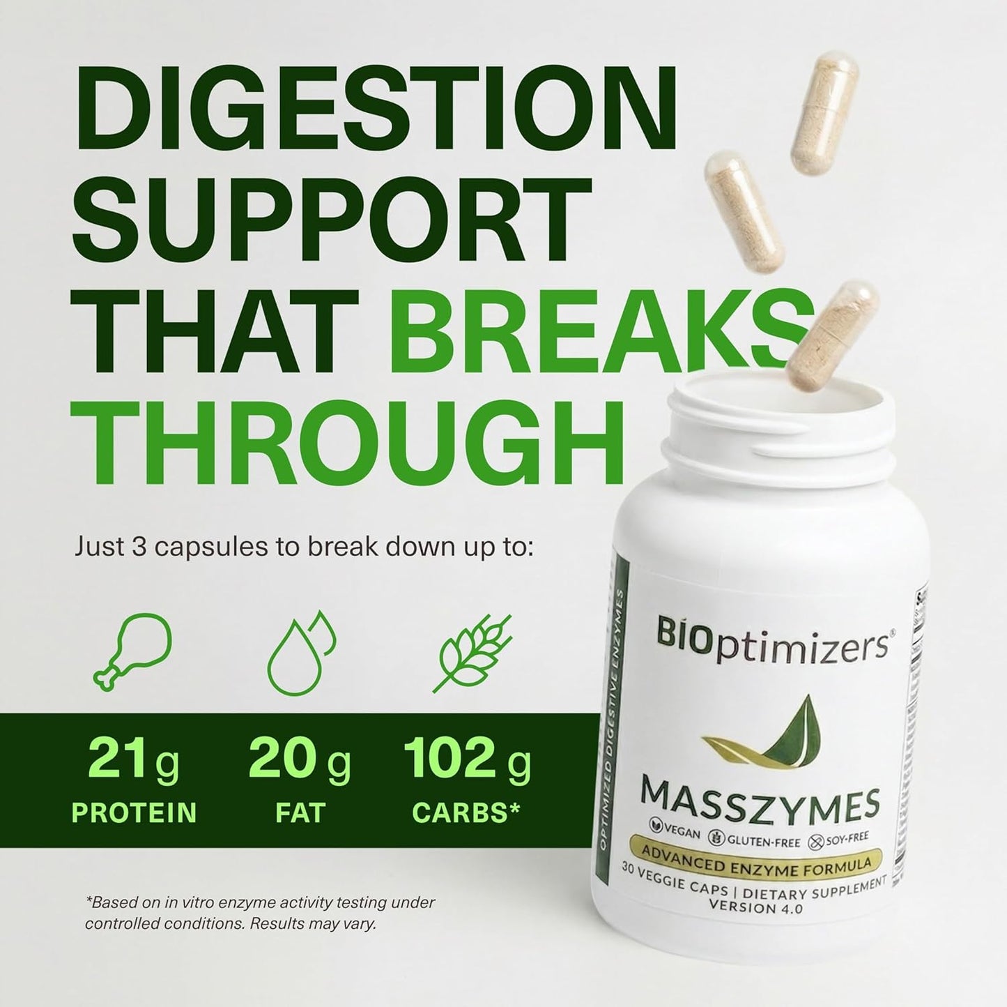 BIOptimizers MassZymes - Complete Digestive Enzymes Supplement for Gut Health - BRelief for Men and Women - Lipase Amylase Bromelain Digestive Enzymes (30 Capsules)