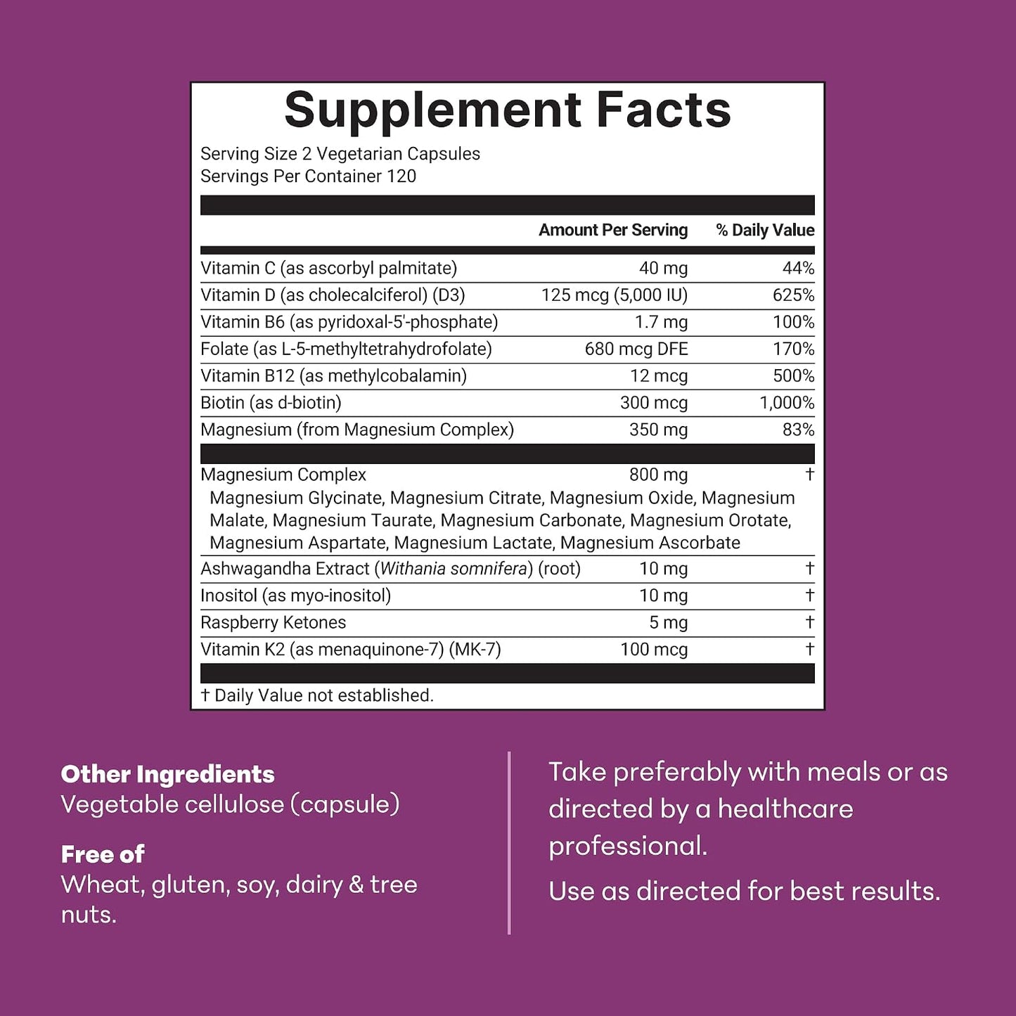 Magnesium Complex for Women, 240 Vegetarian Capsules | 20-in-1 Formula - Magnesium Blend with Vitamin D3, K2, Ashwagandha & More | Filler Free, Non-GMO