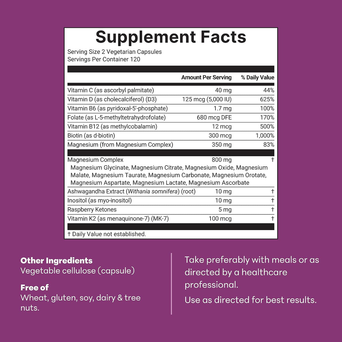 Magnesium Complex for Women, 240 Vegetarian Capsules | 20-in-1 Formula - Magnesium Blend with Vitamin D3, K2, Ashwagandha & More | Filler Free, Non-GMO