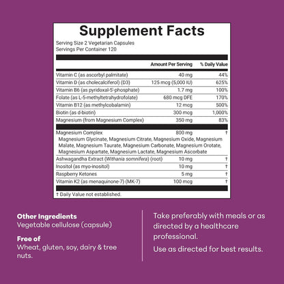 Magnesium Complex for Women, 240 Vegetarian Capsules | 20-in-1 Formula - Magnesium Blend with Vitamin D3, K2, Ashwagandha & More | Filler Free, Non-GMO
