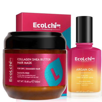 Collagen Shea Butter Hair Mask and Argan Oil Set Deep Repair Conditioning Collagen Hair Treatment for Dry and Damaged Hair All Hair Types 550ml+60ml 18.6floz + 2floz
