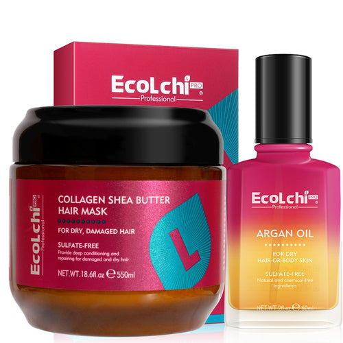 Collagen Shea Butter Hair Mask and Argan Oil Set Deep Repair Conditioning Collagen Hair Treatment for Dry and Damaged Hair All Hair Types 550ml+60ml 18.6floz + 2floz