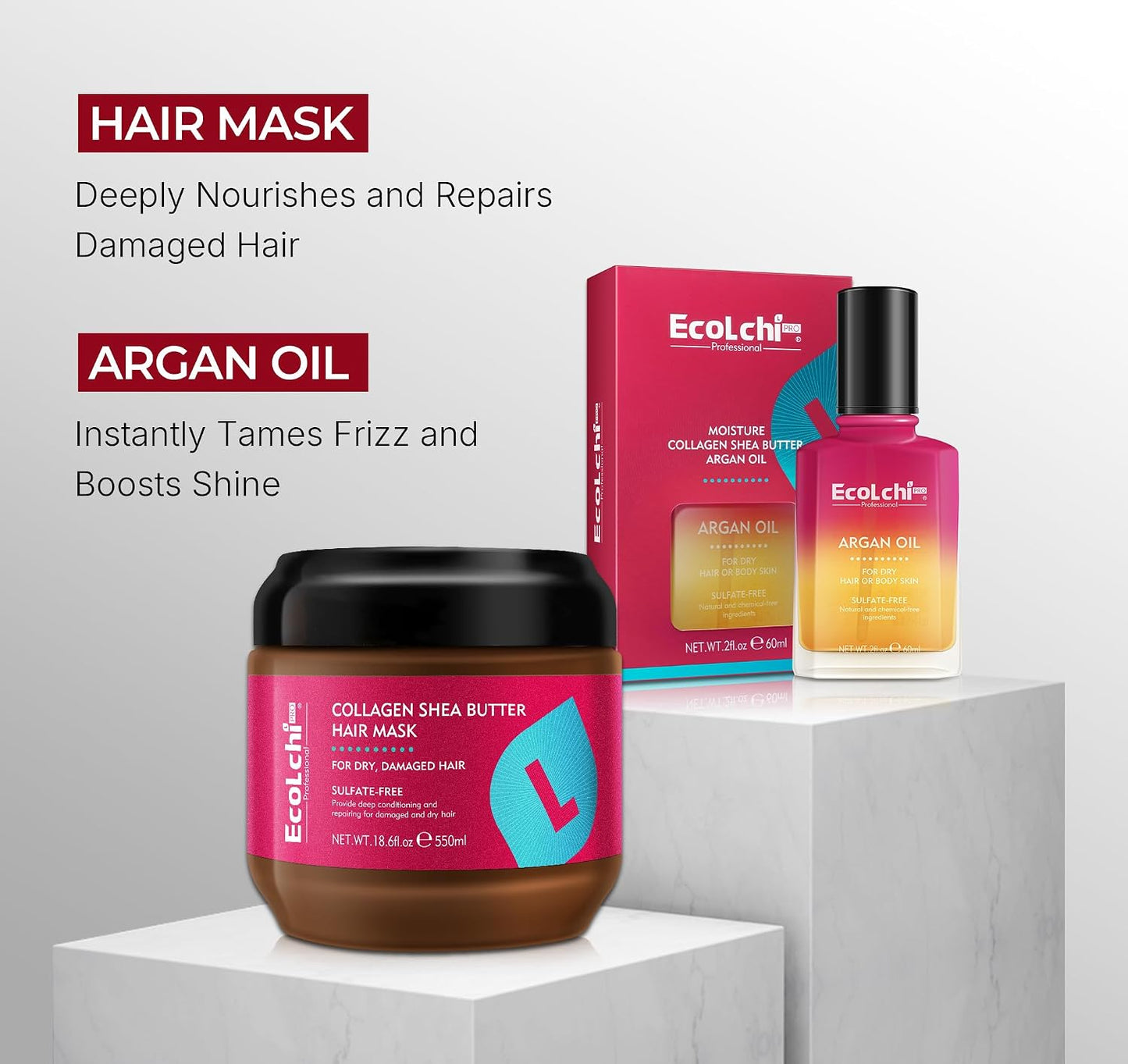 Collagen Shea Butter Hair Mask and Argan Oil Set Deep Repair Conditioning Collagen Hair Treatment for Dry and Damaged Hair All Hair Types 550ml+60ml 18.6floz + 2floz