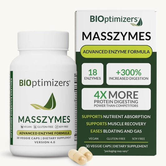 BIOptimizers MassZymes - Complete Digestive Enzymes Supplement for Gut Health - BRelief for Men and Women - Lipase Amylase Bromelain Digestive Enzymes (30 Capsules)