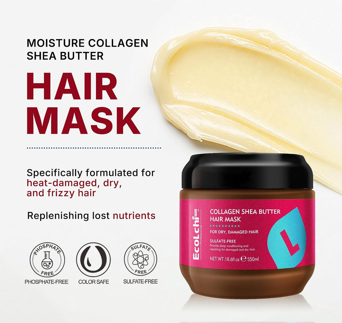 Collagen Shea Butter Hair Mask Deep Repair Conditioning Collagen Shea Butter Hair Treatment for Dry and Damaged Hair All Hair Types 18.6 oz 550ml