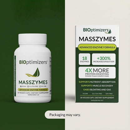 BIOptimizers MassZymes - Complete Digestive Enzymes Supplement for Gut Health - BRelief for Men and Women - Lipase Amylase Bromelain Digestive Enzymes (30 Capsules)