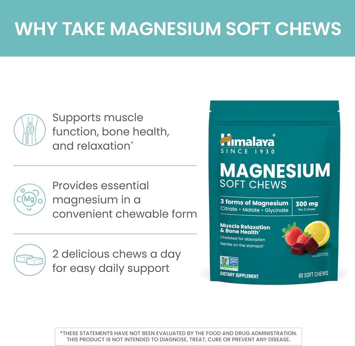 Himalaya Magnesium Complex Soft Chews, Strawberry Lemonade, 300mg, 60 Chews