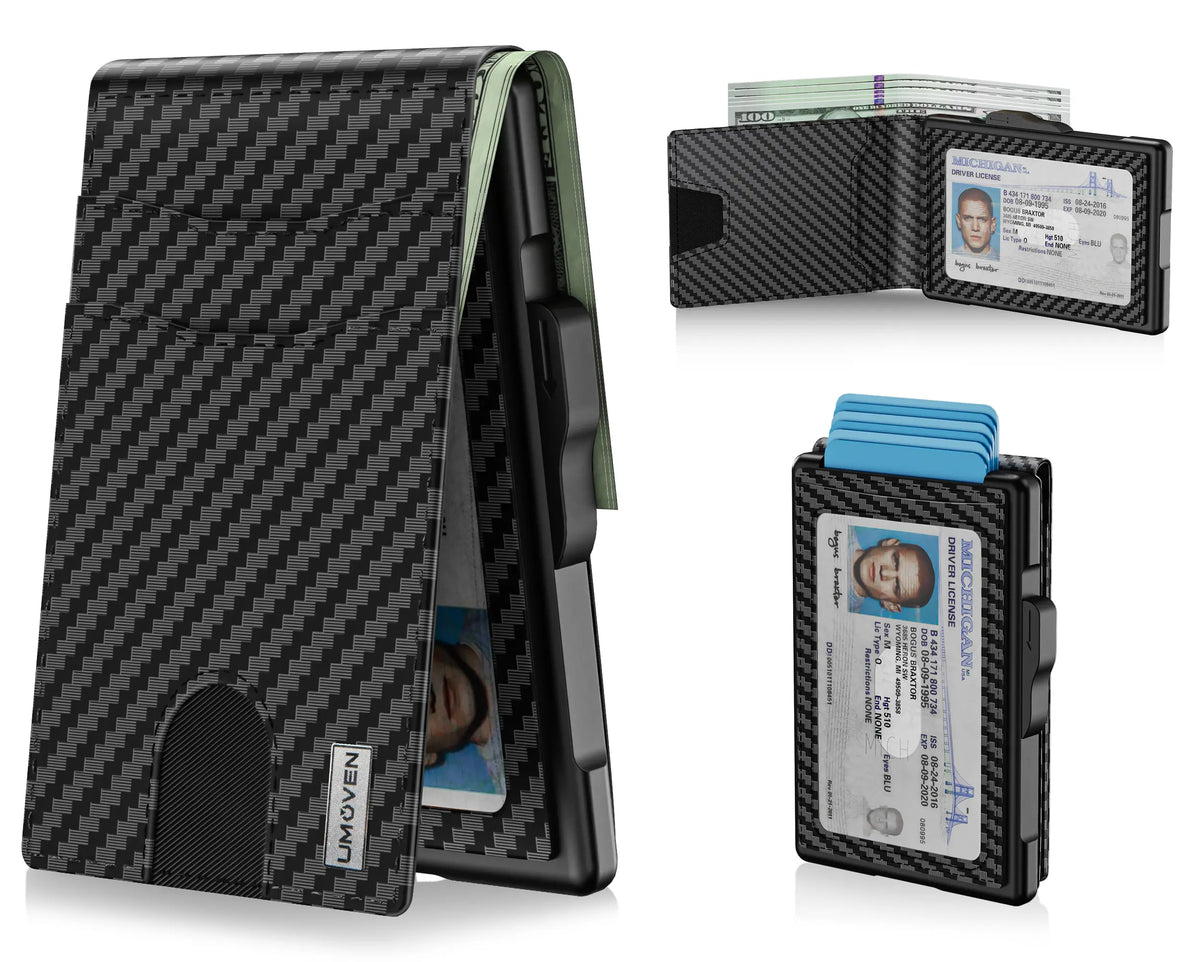 umoven Wallet for Men - Pop Up Case, Cash Slot, and Credit Card Slot - Aluminum Wallet with RFID Blocking, Minimalist Leather Wallet Front Pocket with ID Window, Gift Box
