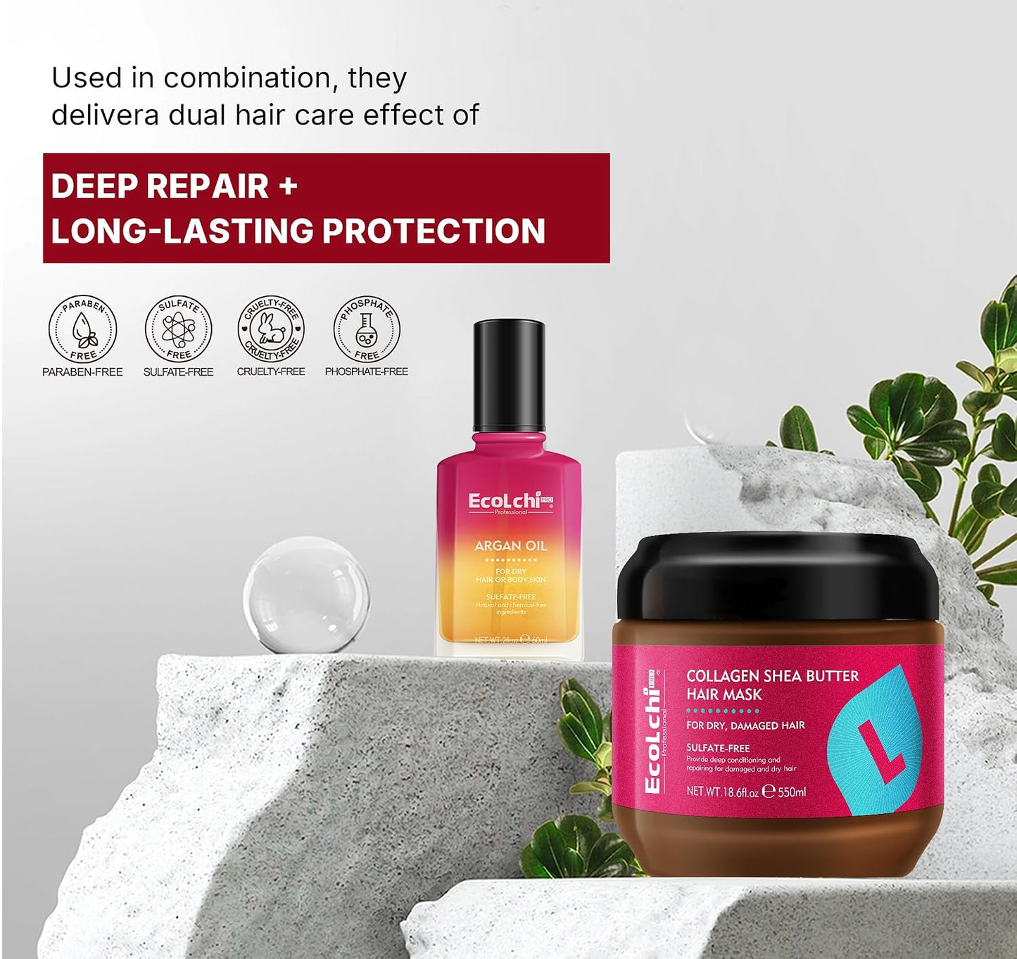 Collagen Shea Butter Hair Mask and Argan Oil Set Deep Repair Conditioning Collagen Hair Treatment for Dry and Damaged Hair All Hair Types 550ml+60ml 18.6floz + 2floz