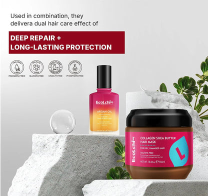 Collagen Shea Butter Hair Mask and Argan Oil Set Deep Repair Conditioning Collagen Hair Treatment for Dry and Damaged Hair All Hair Types 550ml+60ml 18.6floz + 2floz
