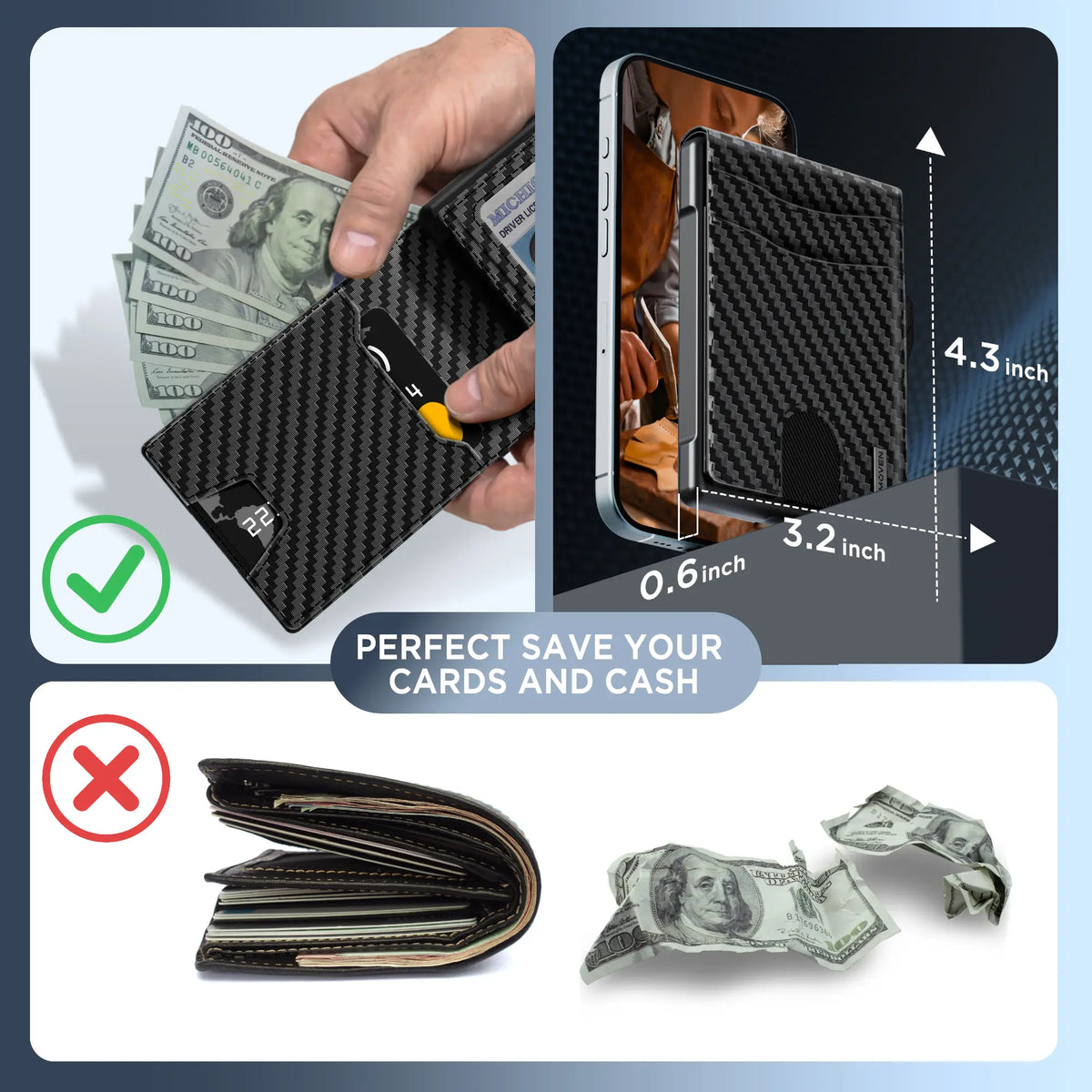 umoven Wallet for Men - Pop Up Case, Cash Slot, and Credit Card Slot - Aluminum Wallet with RFID Blocking, Minimalist Leather Wallet Front Pocket with ID Window, Gift Box
