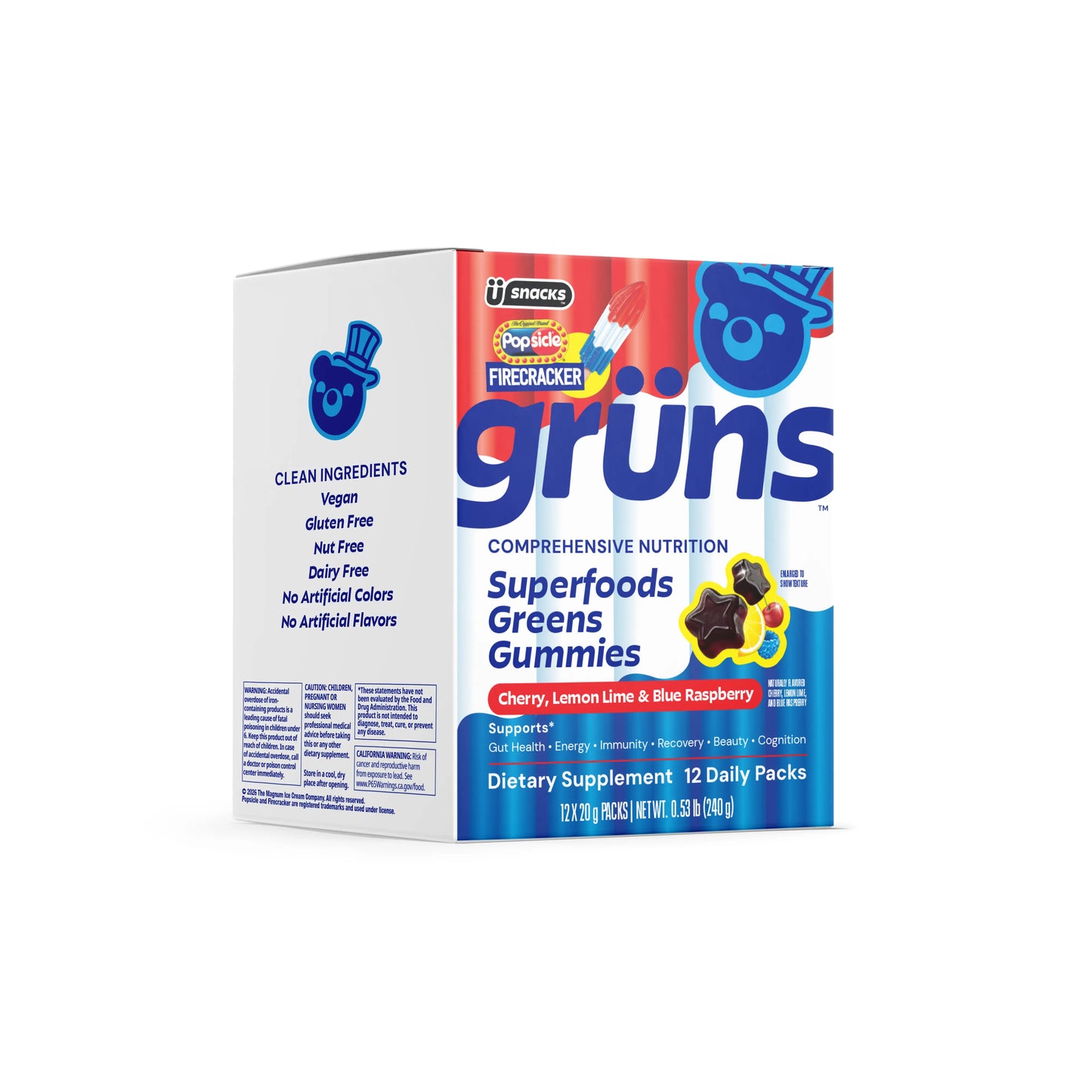 Popsicle Firecracker x Grüns "Al Dente" Superfood Greens Gummies: Comprehensive nutrition with 60+ ingredients: 21 Vitamins and Minerals, 6g Prebiotic Fiber, Adaptogens, Cherry Lemon Lime Blue Raspberry, Gluten Free, Vegan, Third Party Tested