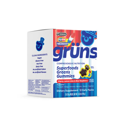 Popsicle Firecracker x Grüns "Al Dente" Superfood Greens Gummies: Comprehensive nutrition with 60+ ingredients: 21 Vitamins and Minerals, 6g Prebiotic Fiber, Adaptogens, Cherry Lemon Lime Blue Raspberry, Gluten Free, Vegan, Third Party Tested