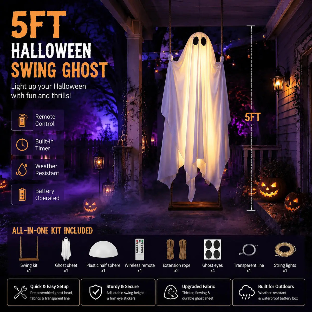 Halloween Decorations Outdoor - 5FT Large Hanging Ghost Swing with Remote Control String Lights, Scary Ghost Halloween Party Decor Outside for Tree Porch Yard Garden Lawn Ornaments halloween   spooky  decor