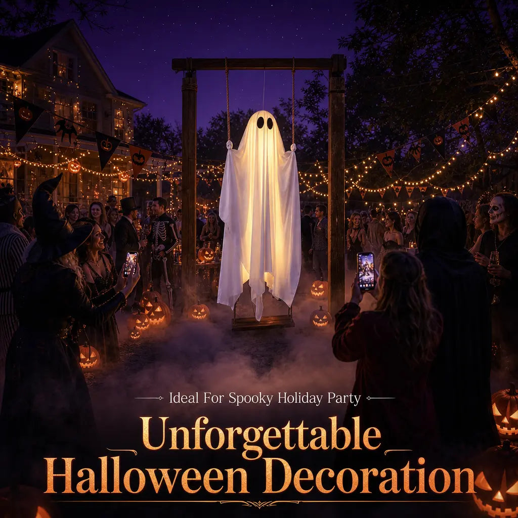 Halloween Decorations Outdoor - 5FT Large Hanging Ghost Swing with Remote Control String Lights, Scary Ghost Halloween Party Decor Outside for Tree Porch Yard Garden Lawn Ornaments halloween   spooky  decor