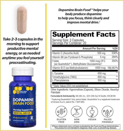 Dopamine Brain Food Supplement w/L-Tyrosine - Promotes Mental Drive, Clarity & Focus - Supports Mental Energy - 60 Capsules