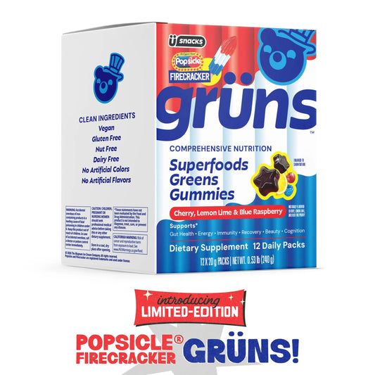 Popsicle Firecracker x Grüns "Al Dente" Superfood Greens Gummies: Comprehensive nutrition with 60+ ingredients: 21 Vitamins and Minerals, 6g Prebiotic Fiber, Adaptogens, Cherry Lemon Lime Blue Raspberry, Gluten Free, Vegan, Third Party Tested