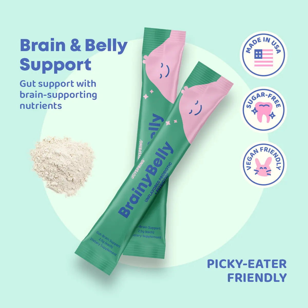 *NEW* JoySpring Brainy Belly Unflavored Kids Probiotic & Prebiotic Powder Sticks | Daily Gut & Digestive Support | Ages 4+