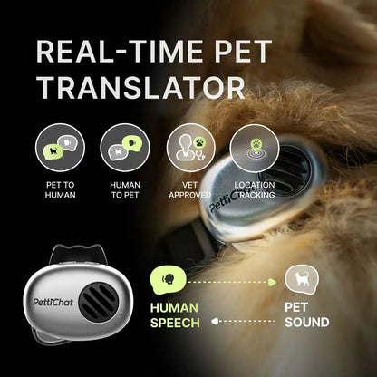 PettiChat Pet Translator Collar for Cats & Dogs – Real-time voice translation, hybrid location tracker, IP65 waterproof, lightweight AI communicator (27.2 g) with interactive conversation, magnetic charging system, portable and easy charging