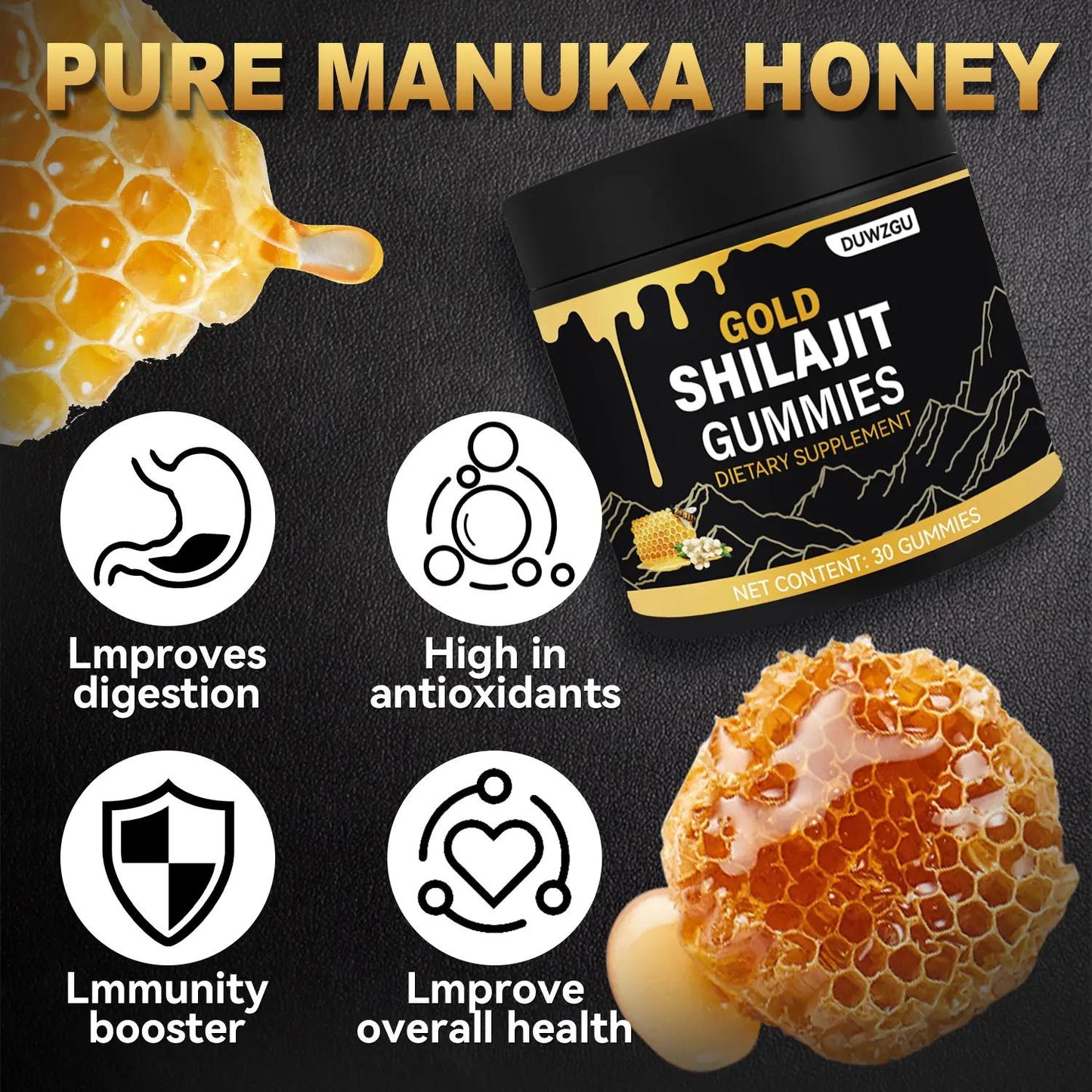 Gold Shilajit Gummies Organic ManukaHoney Boosts Energy and Stamina Sports and Fitness 30 Gummies Lean Muscle Booster Protein Nutrition Supplement