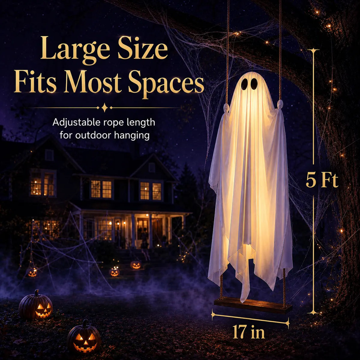 Halloween Decorations Outdoor - 5FT Large Hanging Ghost Swing with Remote Control String Lights, Scary Ghost Halloween Party Decor Outside for Tree Porch Yard Garden Lawn Ornaments halloween   spooky  decor