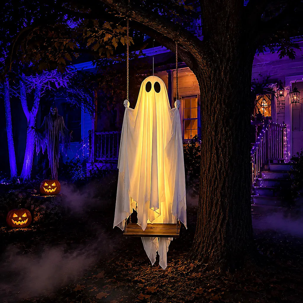 Halloween Decorations Outdoor - 5FT Large Hanging Ghost Swing with Remote Control String Lights, Scary Ghost Halloween Party Decor Outside for Tree Porch Yard Garden Lawn Ornaments halloween   spooky  decor