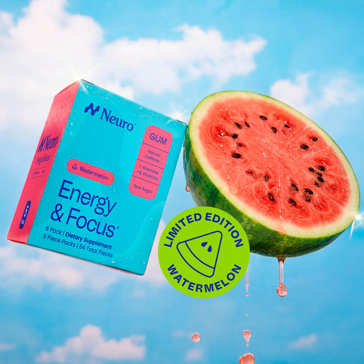 Neuro Watermelon Energy & Focus Gum (54 Pieces) - Sugar Free with Natural Caffeine, L-Theanine, Vitamin B12 & B6 | No Jitters, No Crash
