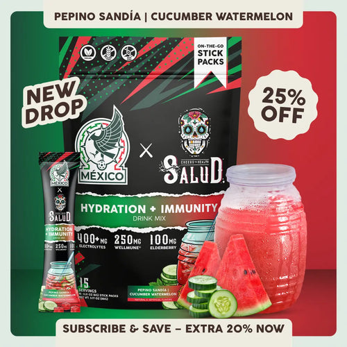 México x Salud 2-in-1 [Hydration + Immunity - Pepino Sandía | Cucumber Watermelon] Electrolytes Powder, Agua Fresca Drink Mix, Elderberry, Dairy & Soy Free, Non-GMO, Gluten Free, Vegan, Low Calorie, 1g Sugar (15 Servings)