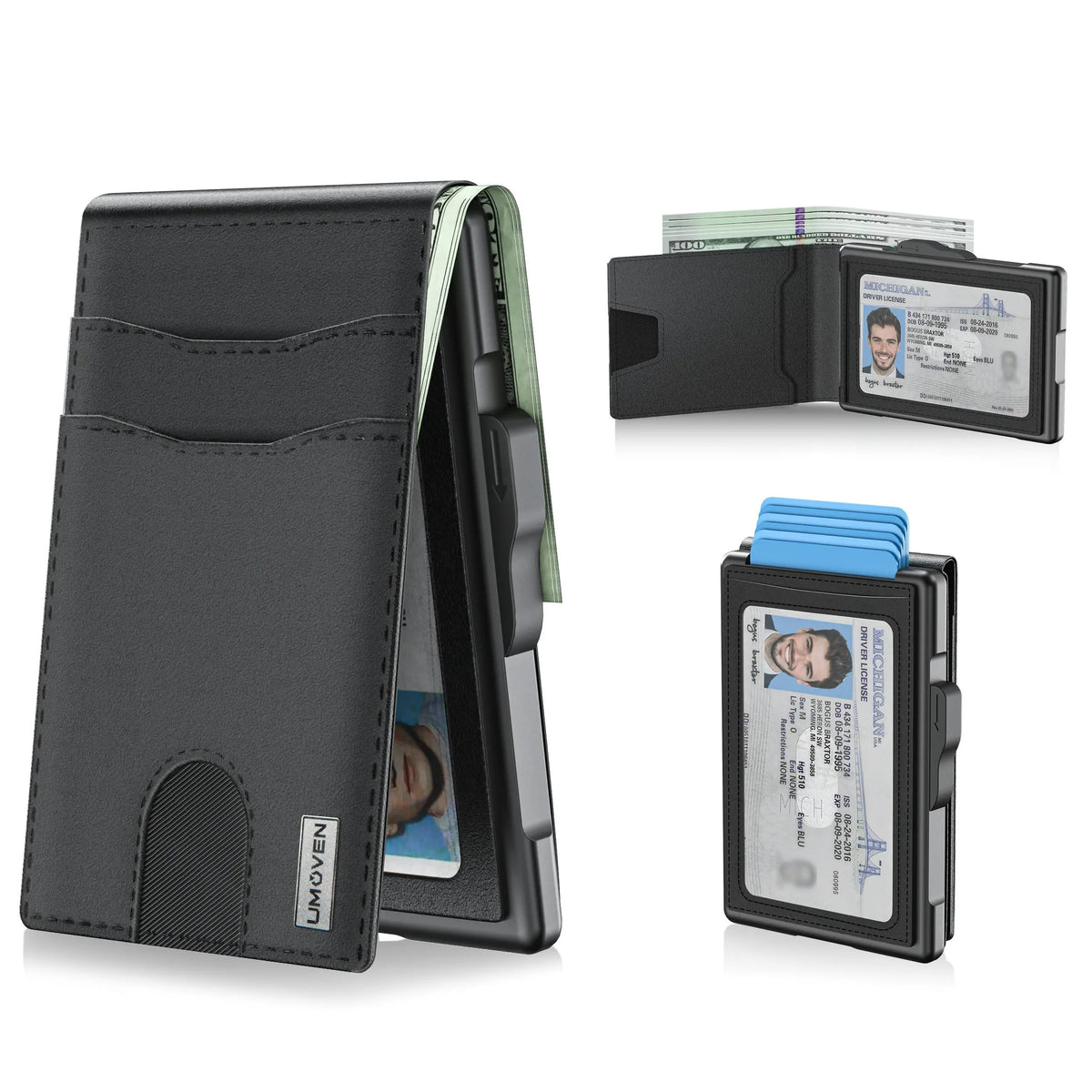 umoven Wallet for Men - Pop Up Case, Cash Slot, and Credit Card Slot - Aluminum Wallet with RFID Blocking, Minimalist Leather Wallet Front Pocket with ID Window, Gift Box